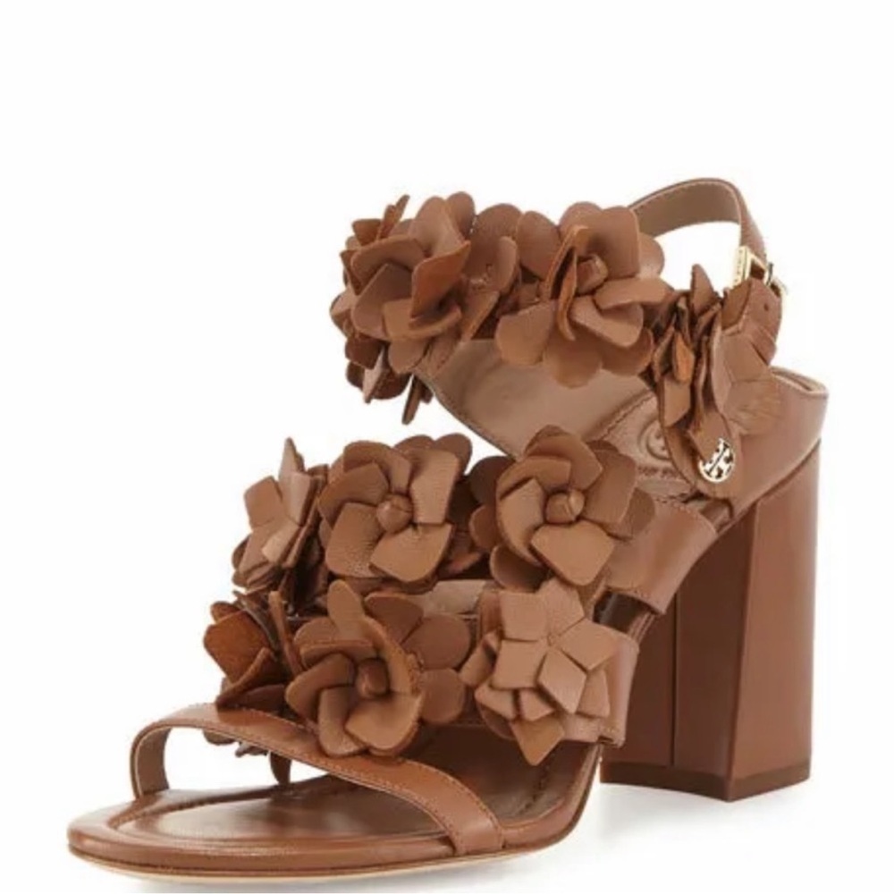 NWOB Tory Burch Women's Brown 65 mm Nappa Leather Blossom Heel Block Sandal 9.5 - Picture 3 of 16